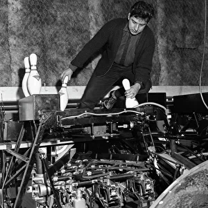 Loading bowling pins at Silver Blades Ice Rink, Sheffield, South Yorkshire, 1964 Loading bowling pins at Silver Blades Ice Rink, Sheffield, South Yorkshire, 1964