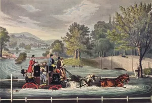Mail Coach in a Flood, c1827, (1904). Artist: F Rosenbourg Mail Coach in a Flood, c1827, (1904). Artist: F Rosenbourg