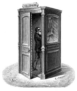 Making a call from a telephone call box, 1888 Making a call from a telephone call box, 1888