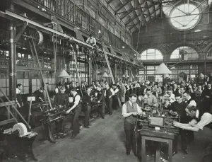 Male munitions workers in Engineering Shop, School of Building, Brixton, London, 1915 Male munitions workers in Engineering Shop, School of Building, Brixton, London, 1915