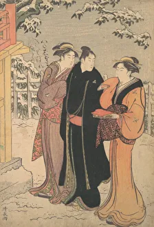 Man in a Black Haori (Coat) and Two Women Approaching a Temple. Creator: Torii Kiyonaga Man in a Black Haori (Coat) and Two Women Approaching a Temple. Creator: Torii Kiyonaga