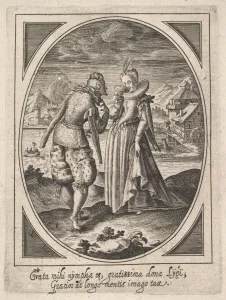 A man steps toward a woman who holds a goblet to her mouth, a watermill and mount..., ca