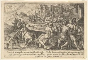 Mankind surrendering to lechery before the Flood: embracing couples on benches around a Mankind surrendering to lechery before the Flood: embracing couples on benches around a
