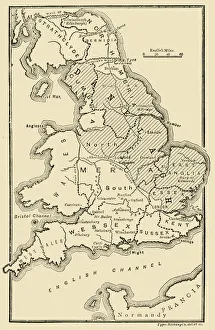 Prints of Map of England, Showing the Anglo-Saxon Kingdoms and the Danish Districts (The Latter Shaded), (c9th century), 1890 Politic Prints: Map of 9th Century England Print, Anglo-Saxon Kingdoms and Danish Districts