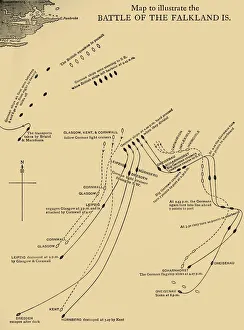 Prints of Map illustrating the Battle of the Falkland Islands on 8 December 1914, (c1920) World War I And II Prints: Map Print: Battle of the Falkland Islands, 8 December 1914