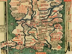 Matthew Pariss Map of Great Britain showing rivers & towns in the south of England & part of Wales, c.1250 (1944)