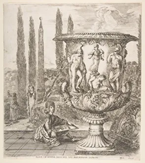 The Medici vase, a large vase to right decorated with a representation of the sacrifice The Medici vase, a large vase to right decorated with a representation of the sacrifice