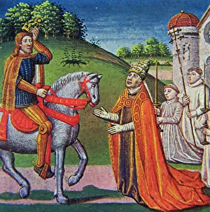 Meeting between Pope Adrian I and Charlemagne, miniature in the incunabula Chronicles Meeting between Pope Adrian I and Charlemagne, miniature in the incunabula Chronicles