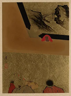 Three Men Looking at Framed Lacquer Drawing. Creator: Shibata Zeshin Three Men Looking at Framed Lacquer Drawing. Creator: Shibata Zeshin