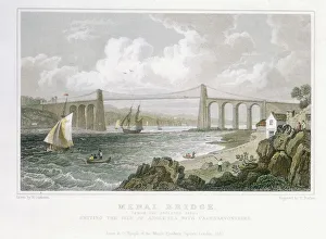 Prints of Menai Bridge (from the Anglesea Side), 1830. Thomas Telfords suspension bridge over the Menai Straits was built in 1820-1826 Thomas Barber Prints: Print of Menai Bridge from the Anglesea Side, 1830