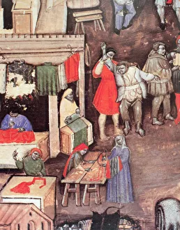 Merchants of fabrics and textiles in a market, Miniature in the Statuto delle Corporazione Merchants of fabrics and textiles in a market, Miniature in the Statuto delle Corporazione