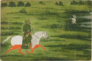 Gold Leaf Gallery: A mounted man hunting birds with a falcon, early 18th century. Creator: Unknown