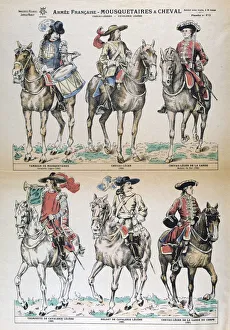 Mousquetaires a Cheval 17th Century. French army uniforms. Colour Lithograph. Private collection Mousquetaires a Cheval 17th Century. French army uniforms. Colour Lithograph. Private collection