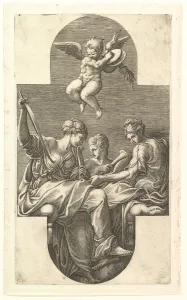 Three Muses and a Putto with Cymbals, a cruciform composition, from a series of eight com Three Muses and a Putto with Cymbals, a cruciform composition, from a series of eight com