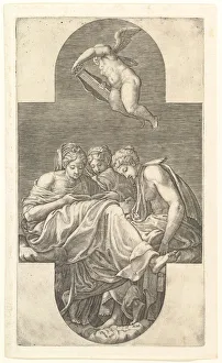 Three Muses and a Putto with a Lyre, a cruciform composition, from a series of eight comp Three Muses and a Putto with a Lyre, a cruciform composition, from a series of eight comp