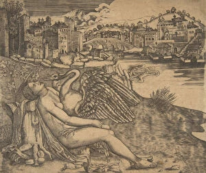Naked woman (Leda) and swan (Zeus) embrace on a river bank; two figures jump... early 16th century. Creator: Anon