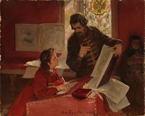 Nikita Zotov teaches young Peter I, 1902. Artist: Lebedev, Klavdi Vasilyevich (1852-1916) Nikita Zotov teaches young Peter I, 1902. Artist: Lebedev, Klavdi Vasilyevich (1852-1916)