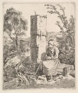 An Old Lady Sitting Near a Pillar at Side of Road, 1819. Creator: Johann Christian Erhard An Old Lady Sitting Near a Pillar at Side of Road, 1819. Creator: Johann Christian Erhard