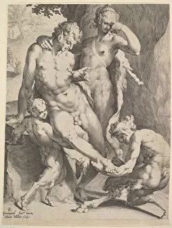 Bartholomeus Spranger Gallery: Oreads Removing a Thorn from a Satyrs Foot, 1590. Creators: Bartholomeus Spranger
