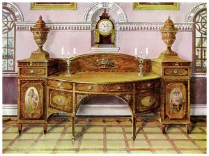 Painted and inlaid satinwood sideboard and mahogany bracket clock, 1911-1912.Artist: Edwin Foley Painted and inlaid satinwood sideboard and mahogany bracket clock, 1911-1912.Artist: Edwin Foley
