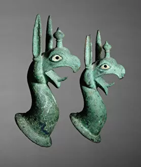 Samos Gallery: Pair of Protomes Depicting the Forepart of a Griffin, 625-575 BCE. Creator: Unknown