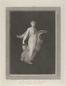A partly naked bacchante holding a disk in her raised left hand and a bucket in h..., ca A partly naked bacchante holding a disk in her raised left hand and a bucket in h..., ca
