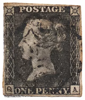 Stamp Collection: One Penny Black, the worlds first postage stamp, c. 1840. Artist: Philately
