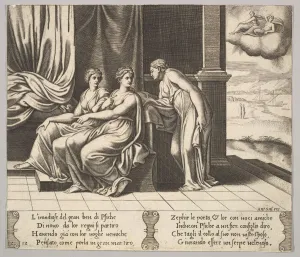 Plate 12: Psyche's sisters persuade her a serpent is sleeping with her, from The Fable Plate 12: Psyche's sisters persuade her a serpent is sleeping with her, from The Fable