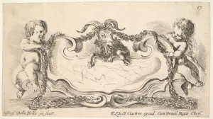 Plate 17: a cartouche with a marble center, an infant on either side holding a garland Plate 17: a cartouche with a marble center, an infant on either side holding a garland
