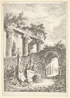 Plate 3: The Statue Before the Ruins: a statue to left next to three figures on a p Plate 3: The Statue Before the Ruins: a statue to left next to three figures on a p