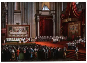 Pontifical ceremonies. Cardinals pedilavium, color engraving, 1871 Pontifical ceremonies. Cardinals pedilavium, color engraving, 1871