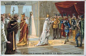 Pope Stephen II pleads for the safety of Pepin the Short from the Lombards, c750 AD, (19th century) Pope Stephen II pleads for the safety of Pepin the Short from the Lombards, c750 AD, (19th century)