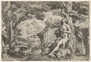 The prodigal son seated at the base of a tree among swine, his gaze directed upward The prodigal son seated at the base of a tree among swine, his gaze directed upward
