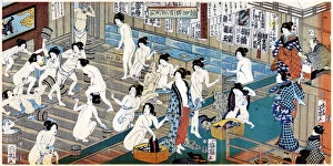 Washing Collection: Quarreling and scuffling in a womens bathhouse, Japan.Artist: Yoshiiku