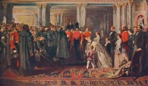 Guards Division Gallery: Queen Victoria presenting medals to the Guards after the Crimean War, 1856 (1906). Artist: W Bunney
