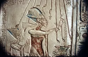 Images Dated 1st August 2005: Relief of Akhenaten and Nefertiti under the rays of the sun-god Aten, Egyptian Museum: Cairo