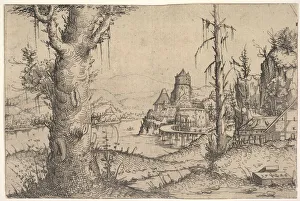 River Landscape with Large Tree at Left, 1546. Creator: Augustin Hirschvogel River Landscape with Large Tree at Left, 1546. Creator: Augustin Hirschvogel