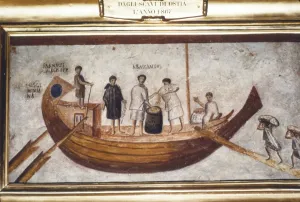 Gangplank Gallery: Roman Merchant-ship being loaded with grain, from a wall painting in Ostia, 2nd-3rd century
