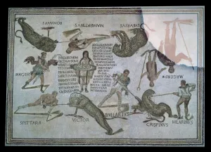 Roman mosaic of performers killing a leopard at a spectacle, 3rd century. Artist: Unknown Roman mosaic of performers killing a leopard at a spectacle, 3rd century. Artist: Unknown
