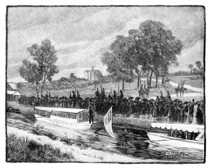 The Royal Visit to Worsley Hall; the State Barge on the Bridgwater Canal, 1851, (1888) The Royal Visit to Worsley Hall; the State Barge on the Bridgwater Canal, 1851, (1888)