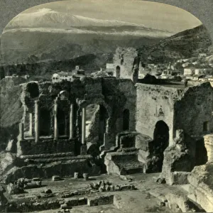 From the Ruins of Taorminas Ancient Greek Theater to Snow-capped Mt. Etna, Sicily, c1930s From the Ruins of Taorminas Ancient Greek Theater to Snow-capped Mt. Etna, Sicily, c1930s