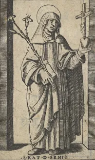 Saint Catherine of Siena standing holding flowers and book in her right hand, a h..., ca Saint Catherine of Siena standing holding flowers and book in her right hand, a h..., ca