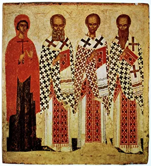 Cleric Gallery: Saints Paraskeve, Gregory the Theologian, John Chrysostom and Basil the Great, early 15th century