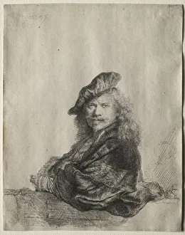 Self-Portrait Leaning on a Stone Sill, 1639. Creator: Rembrandt van Rijn (Dutch Self-Portrait Leaning on a Stone Sill, 1639. Creator: Rembrandt van Rijn (Dutch