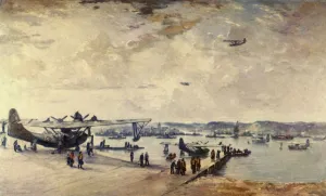 Prints of A Service Station - Seaplanes, Second World War, (1944). British aircraft of the Royal Air Force at the coast. Painting in a private collection. From Britain In The Air, by Nigel Tangye Aviation Prints: A Service Station - Seaplanes, Second World War Print (1944)