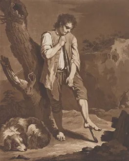 The Shepherds Rest; a young man resting on a stick while his dog lies at his feet..., ca The Shepherds Rest; a young man resting on a stick while his dog lies at his feet..., ca