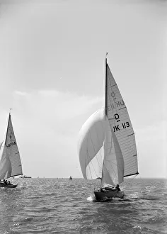 Prints of Sloop (Dragon? class) sailing with spinnaker, c1938 Bermuda Prints: Dragon Class Sloop with Spinnaker Print, c1938