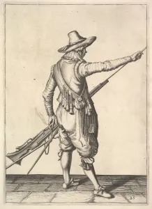 A soldier pulling out the ramrod from its holder, from the Musketeers series, plate 25 A soldier pulling out the ramrod from its holder, from the Musketeers series, plate 25