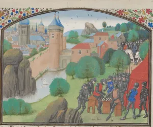 Soldiers playing dice before the city of Caesarea. Miniature from the Historia by William Soldiers playing dice before the city of Caesarea. Miniature from the Historia by William