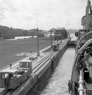 The SS Orbita, Panama Canal, early 20th century.Artist: J Dearden Holmes The SS Orbita, Panama Canal, early 20th century.Artist: J Dearden Holmes